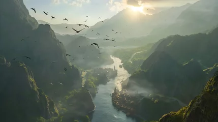 Poster A visual masterpiece capturing the dynamic interplay of mountain streams and villages, adorned by the enchanting flight of birds against a pristine backdrop. © The Image Studio