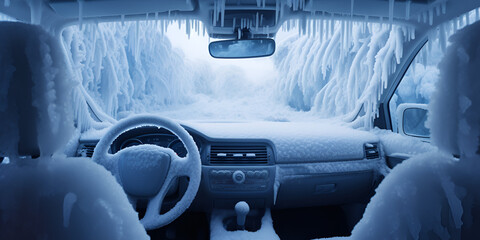 frozen car interior snow and ice inside vehicle with snowy background