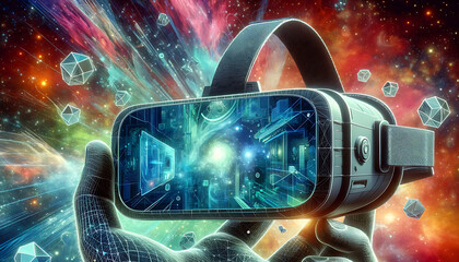 Virtual reality 3d augmented experience exited digital, VR display metaverse and digital world