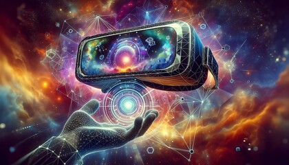 Virtual reality 3d augmented experience exited digital, VR display metaverse and digital world - obrazy, fototapety, plakaty