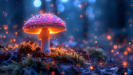 Magical mushroom in fantasy enchanted fairy tale forest. Neural network generated in January 2024. Not based on any actual scene or pattern.