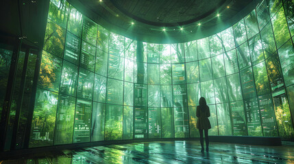 A lone scientist stands in a high-tech hub, surrounded by screens charting the earth's forests, highlighting conservation efforts and data analysis.