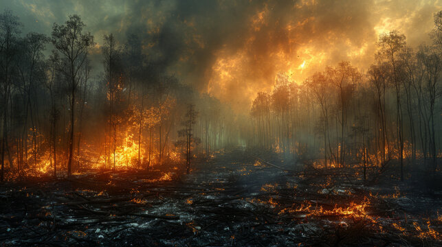 Aftermath of slash-and-burn farming, burnt trees and rising smoke capture the destructive effects on forests.