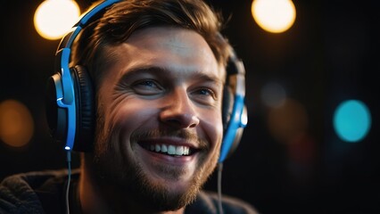 Smiling western man listening to music headset - positive and joyful