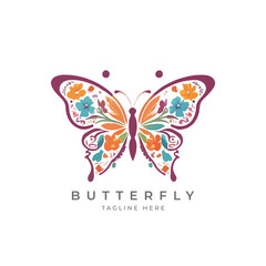Obraz premium Colorful Floral butterfly, natural insect icon or logo. Vector illustration isolated on white background. 