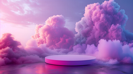 3D Round podium for the presentation of luxury product in clouds and purple smoke