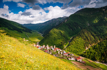 A splendid view of the high-altitude village of Adishi, Main Caucasus Range, Upper Svaneti, Georgia.