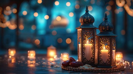 Eid celebration photo with traditional Egyptian lantern, a bowl of dates and a gift box with a blank tag for message. Image for Islamic Season&rsquo;s Greetings.