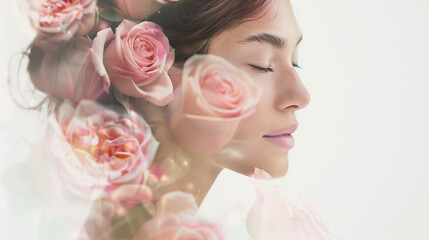 Obraz na płótnie Canvas double exposure style beauty shot of a beautiful woman on a white background and pink roses 