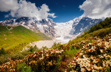 Fototapeta premium A spectacular view of the icefall near Mount Tetnuldi. Upper Svaneti, Georgia, Main Caucasus Range.