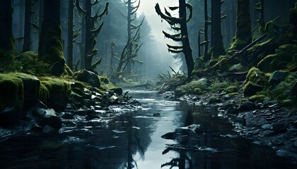 Majestic dark forest with a river flowing through it, 3d render