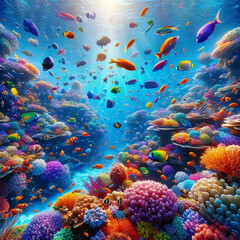 Naklejka na ściany i meble 鮮やかなサンゴ礁の海と熱帯魚のイメージ【生成AI】
