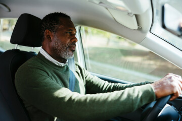 Cheerful mature man driving car