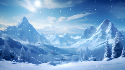 Winter landscape with snow covered mountains and blue sky. 3d render