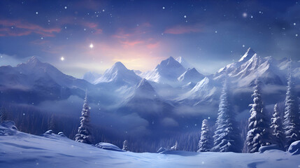 Fantastic winter landscape with snowy fir trees and mountains at night