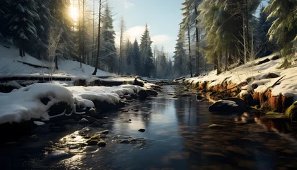 Fotobehang Beautiful winter landscape with a mountain river and coniferous forest © Iman