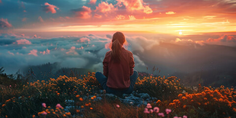 Contemplative Woman at Mountain Sunset.
Woman seated amidst wildflowers enjoying a mountain sunset. - obrazy, fototapety, plakaty