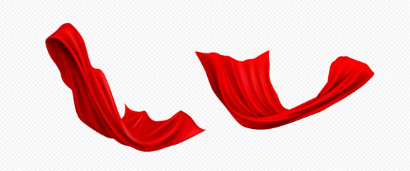 Red superhero cloak set isolated on white background. Vector realistic illustration of silk cloth drapery flying in wind, halloween costume mantle, textile curtain for home interior design, satin cape © klyaksun