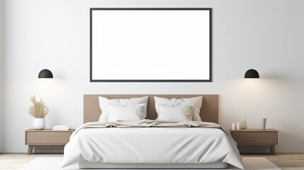 Mockup poster frame in white luxury bedroom interi