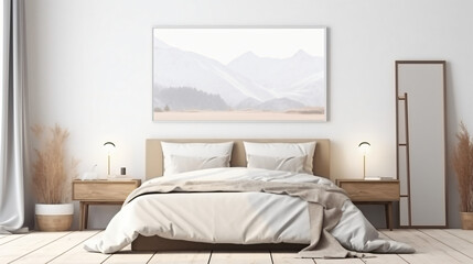 Mockup poster frame in white luxury bedroom interi