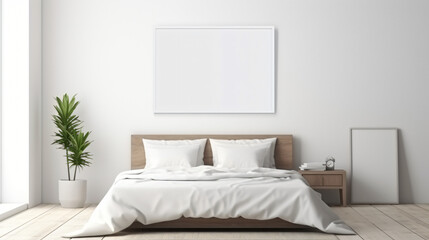 Fototapeta na wymiar Mockup poster frame in white luxury bedroom interi
