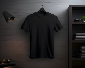 Black t-shirt on hanger in dark room. 3d render - obrazy, fototapety, plakaty