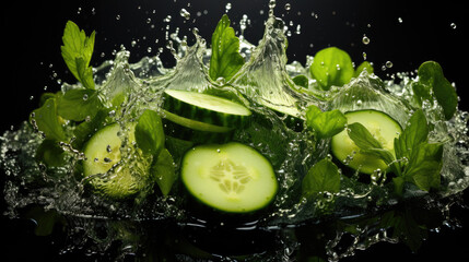 Smooth fresh organic sliced green Cucumber Vegetables falling into the water and splashing created with Generative AI Technology