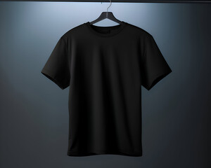 Naklejka premium Black t-shirt hanging on a hanger.