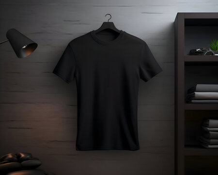 Black t-shirt on hanger in dark room. 3d render