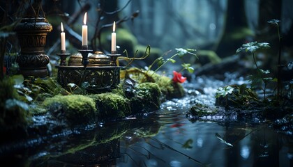 Old lantern in the dark forest. Halloween concept. Panoramic banner