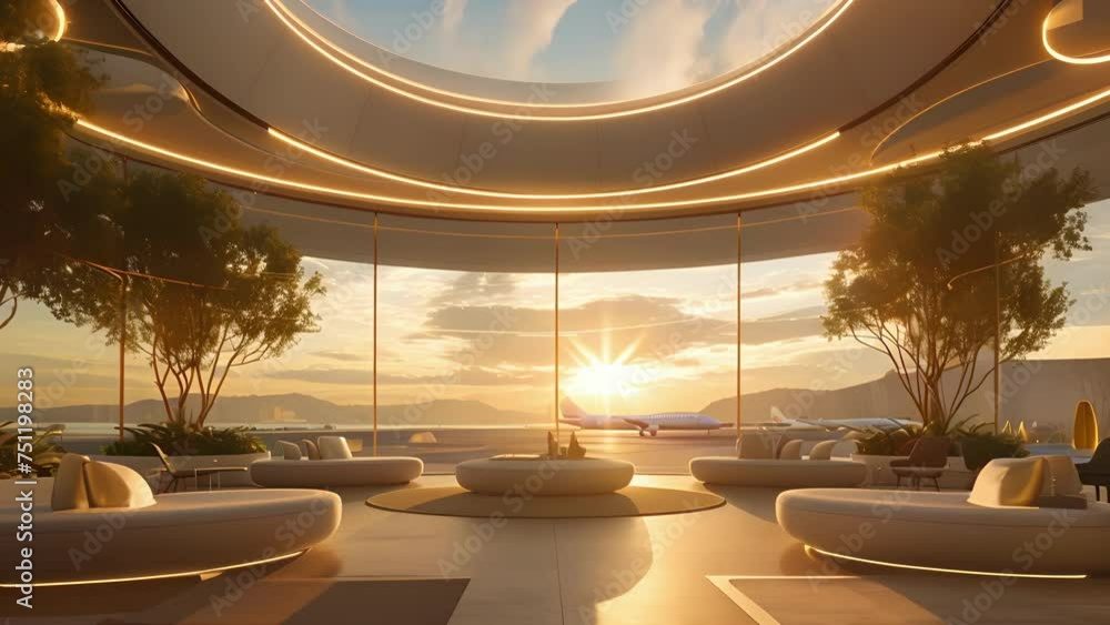 Poster a circular seating area with rotating pods that offer panoramic views of the airport and surrounding