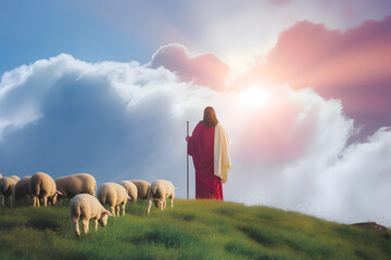 Jesus Christ, good shepherd and flock of sheep - obrazy, fototapety, plakaty
