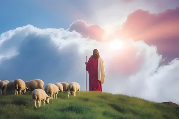 Fotobehang Jesus Christ, good shepherd and flock of sheep © Kin Win