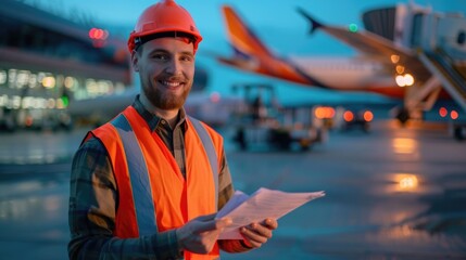 man in reflective vests holding document in hand, background airport, airplane on take-off