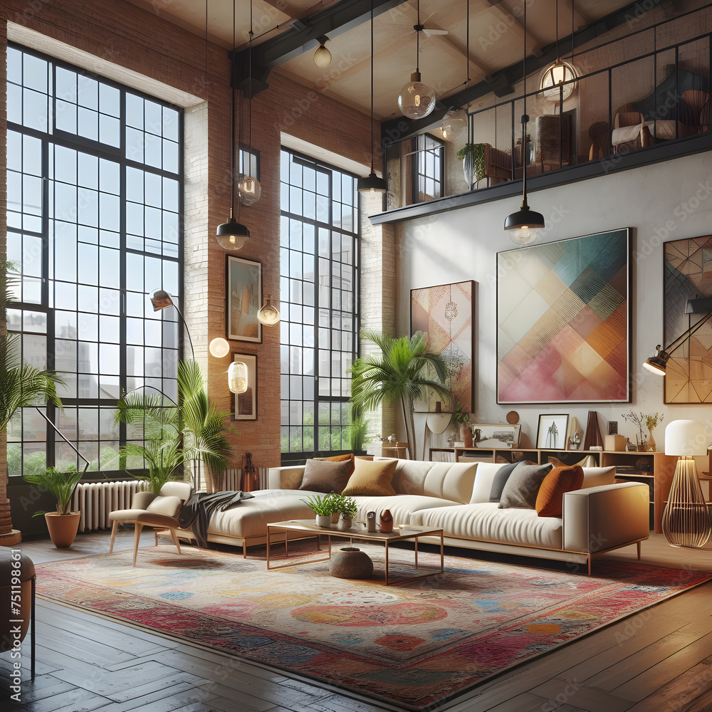 Poster modern loft interior design. 3d rendering mock up toned image generative ai