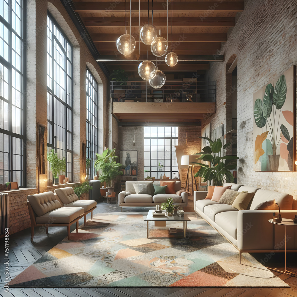Aufkleber modern loft interior design. 3d rendering mock up toned image generative ai