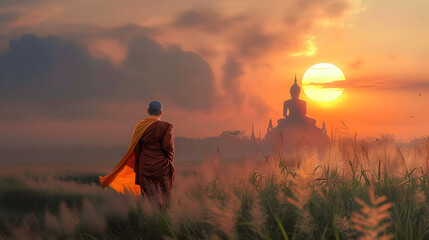 Asian monk walking in the field at sunset - obrazy, fototapety, plakaty