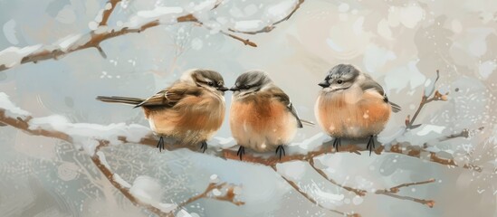 Three birds, perched on a snow-covered branch, are featured in this scene. The birds are surrounded by a white winter landscape, showcasing the peacefulness of the snowy day.