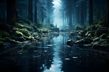 Dark forest with a stream flowing through it, 3d render illustration