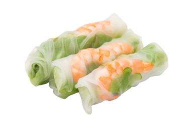 Three fresh Vietnamese spring rolls with shrimp and lettuce isolated on a transparent background, ideal for culinary and cultural themes