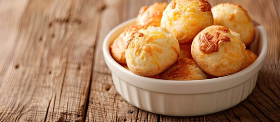 A white bowl filled with small cheese bread pastries is placed on a wooden table. The cheese breads are freshly baked and look delicious.