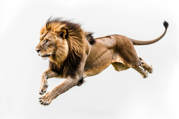 Dynamic capture of a lion in mid-air leap against a clean white backdrop - obrazy, fototapety, plakaty