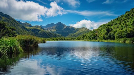 A tranquil mountain scene with a calm river, surrounded by lush greenery, under a brilliant blue sky.