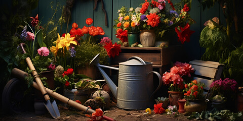 flower pot watering garden with a bucket of flowers and a planter with a green pot with a pink flower Garden Flowers, Plants and Tools on a Sunny Background spring gardening works

