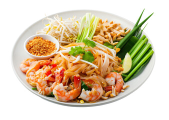 Authentic Thai Pad Thai with shrimp, rice noodles, peanuts, and fresh vegetables isolated on a transparent background, perfect for Asian cuisine or cultural food concepts