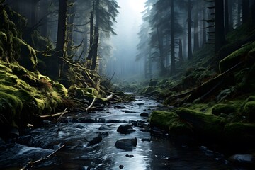 Panoramic view of a mountain river in a dark forest.