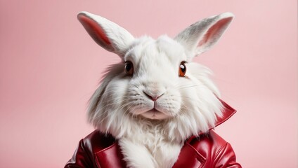 funny white rabbit with red coat, pink background, ideal for celebrations and fun themes
