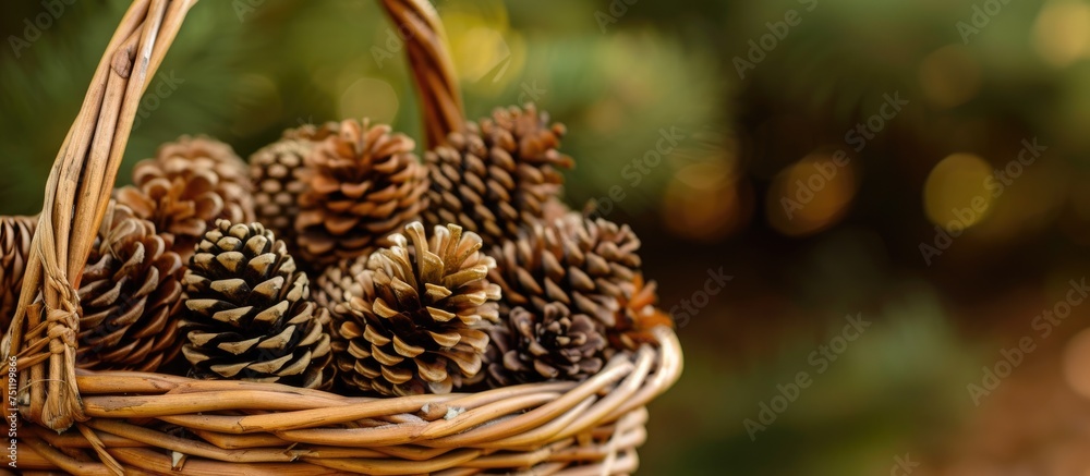 Poster a wicker basket overflowing with various sizes and shapes of pine cones, creating a rustic and earth
