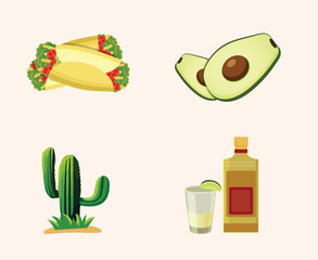 Mexican Food Illustration Clip Art Set, Mexican Delicious Food Template. Mexico Tomato, Vegetable Pepper Margarita With Spicy