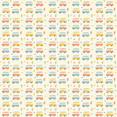 Retro Van and Stars Pattern on Cream Background. Seamless pattern of colorful retro vans, stars, and small trees on a cream background with a nostalgic vibe.


